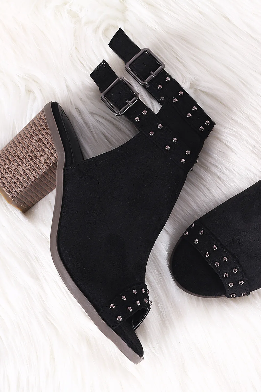 Suede Studded Open Toe Chunky Heeled Mules