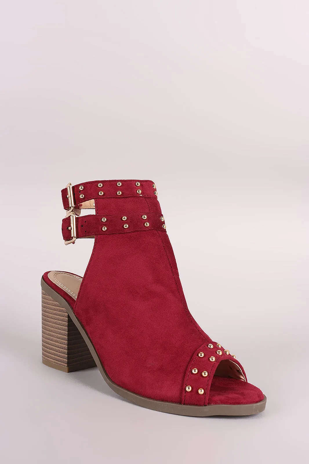 Suede Studded Open Toe Chunky Heeled Mules