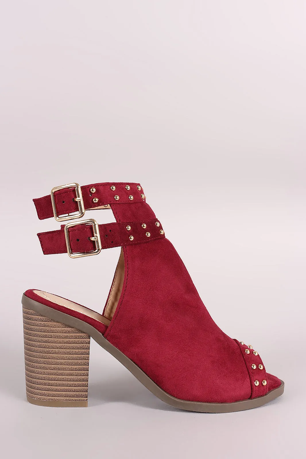 Suede Studded Open Toe Chunky Heeled Mules