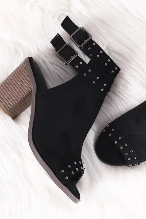 Suede Studded Open Toe Chunky Heeled Mules