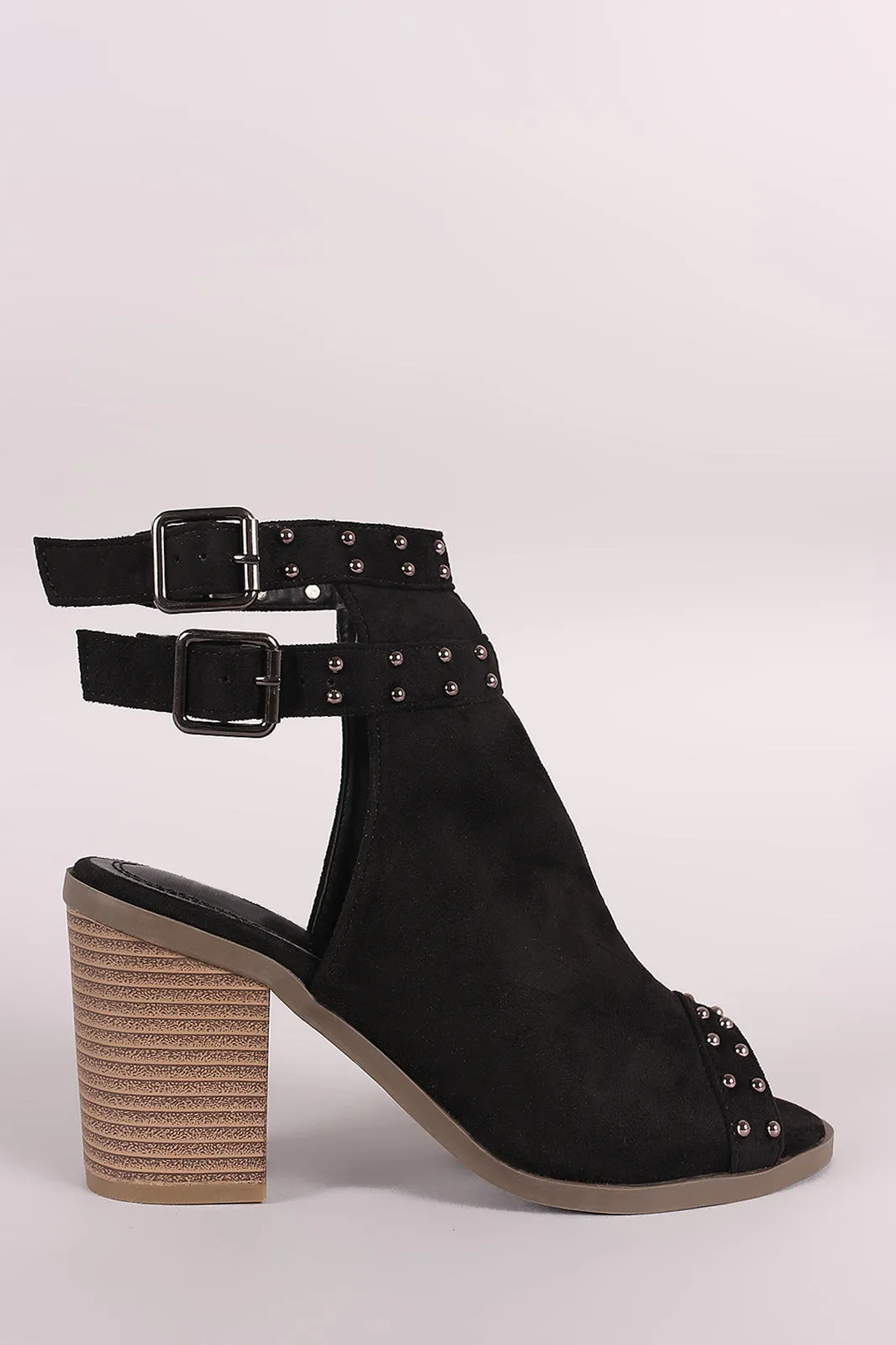 Suede Studded Open Toe Chunky Heeled Mules