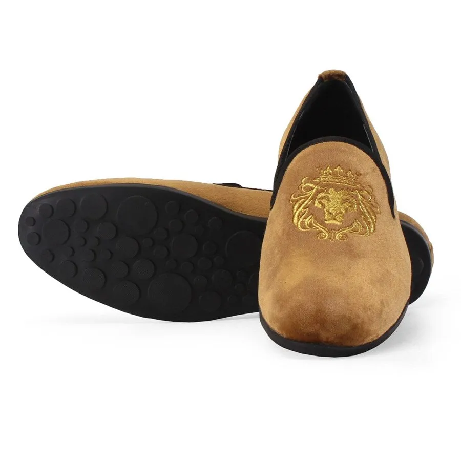 Tan Color New Flat Sole Lion King Embroidery Velvet Slip-On Shoes By Brune & Bareskin
