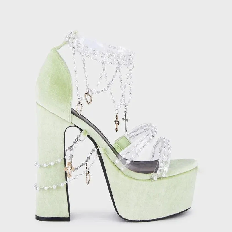 TAVIMART  -  Lolita Pearls Heart Chains Purple Velvet Platform Sandals Chunky High Heel Beads PVC Straps Wedding Shoes Jewerly Ladies Pumps