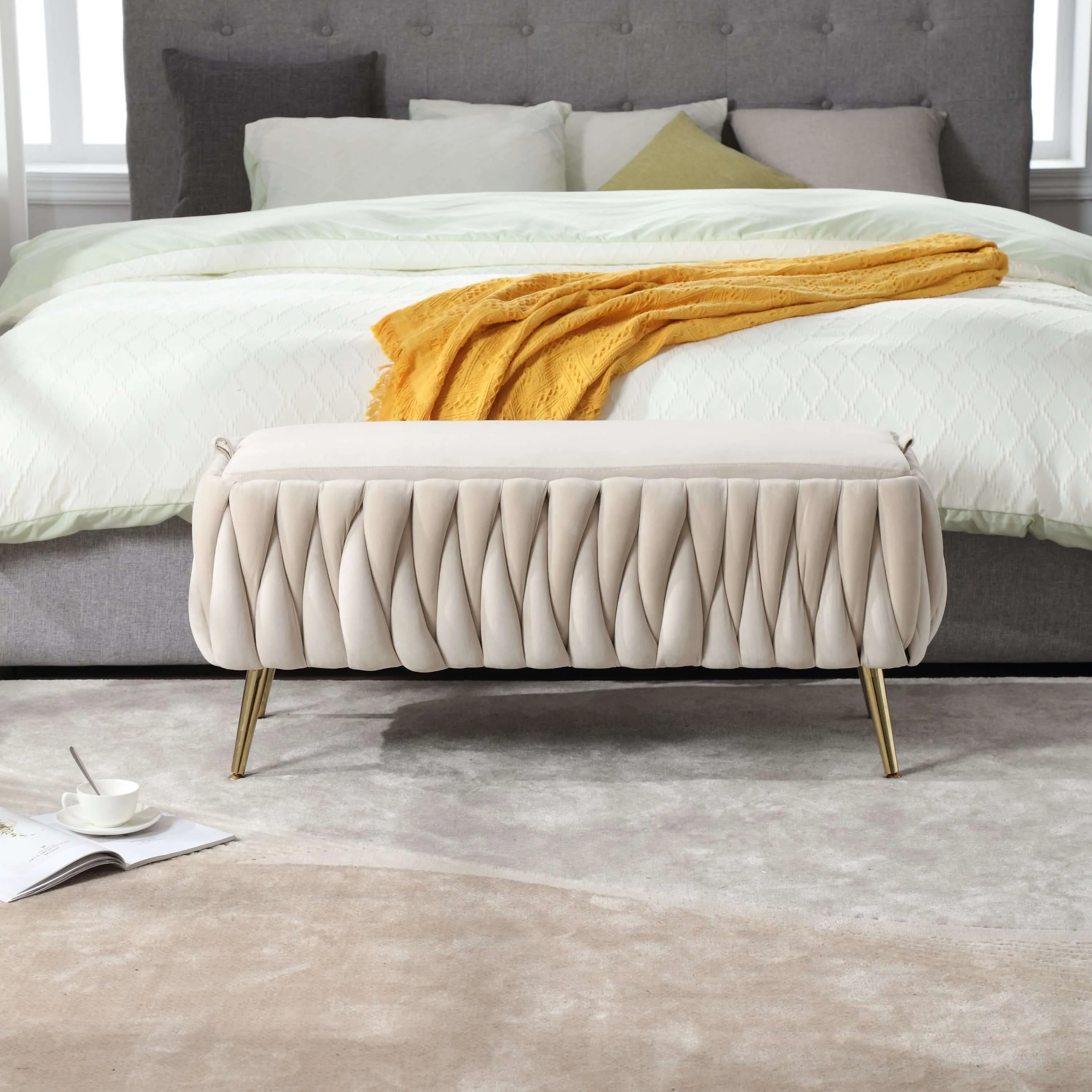 Upholstered Fabric Storage Ottoman Bench with Safety Hinge