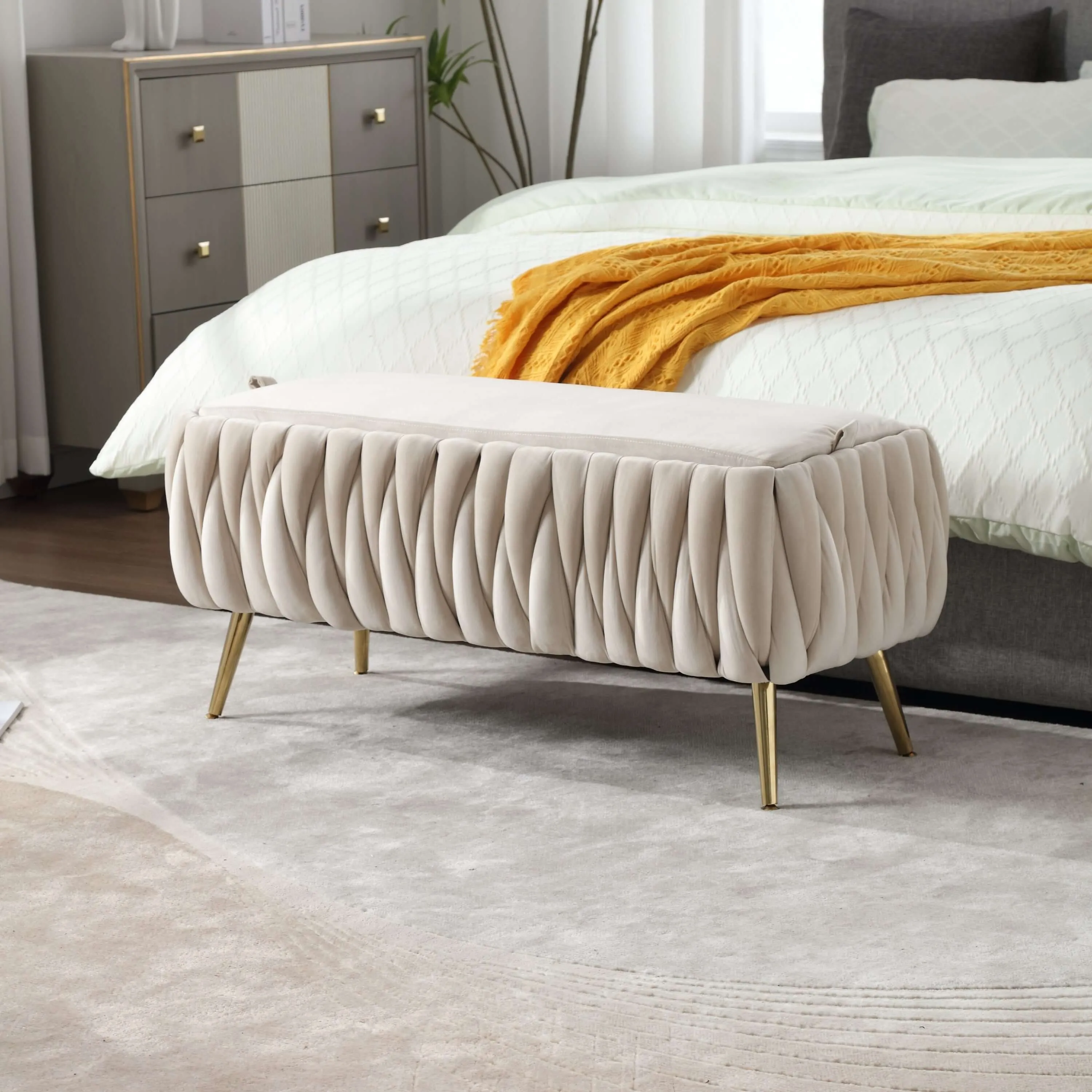 Upholstered Fabric Storage Ottoman Bench with Safety Hinge