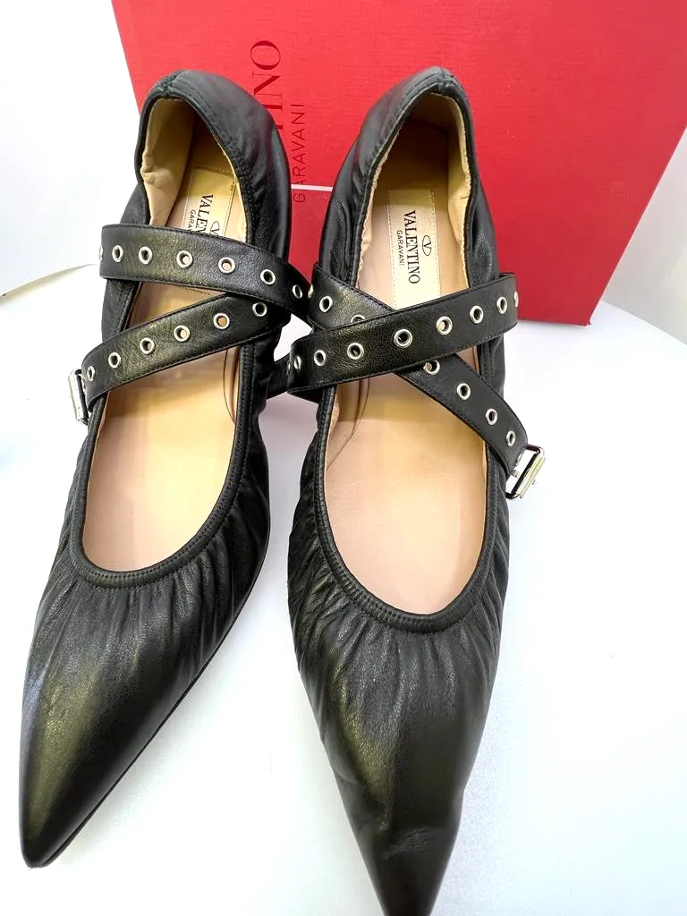 VALENTINO GARAVANI LOVE LATCH STUDDED ANKLE WRAP FLATS