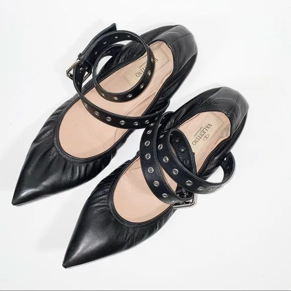 VALENTINO GARAVANI LOVE LATCH STUDDED ANKLE WRAP FLATS