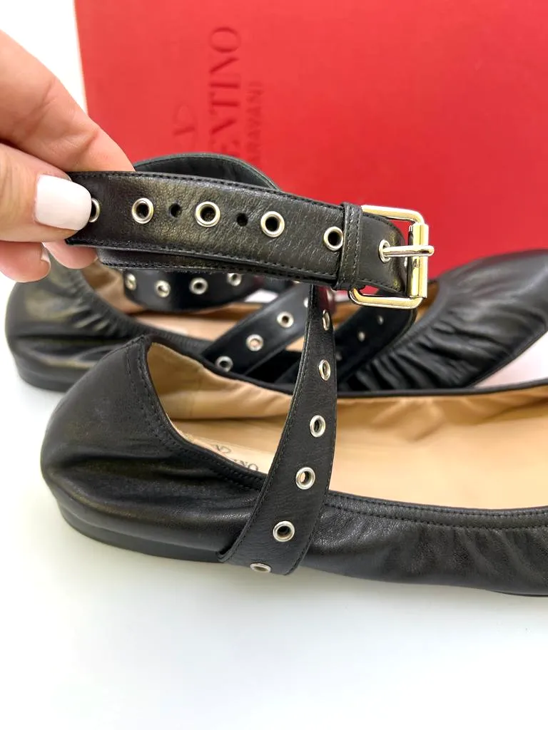 VALENTINO GARAVANI LOVE LATCH STUDDED ANKLE WRAP FLATS