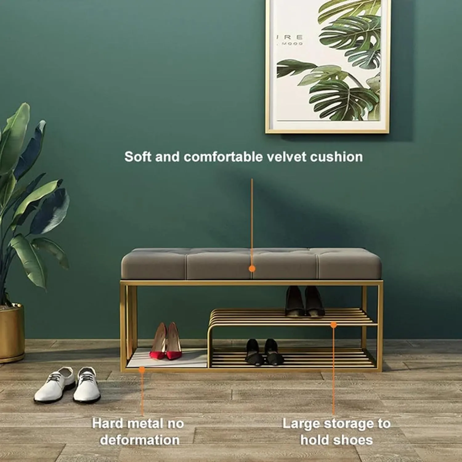 Velvet Upholstered Entryway Shoe Rack Bench with Storage