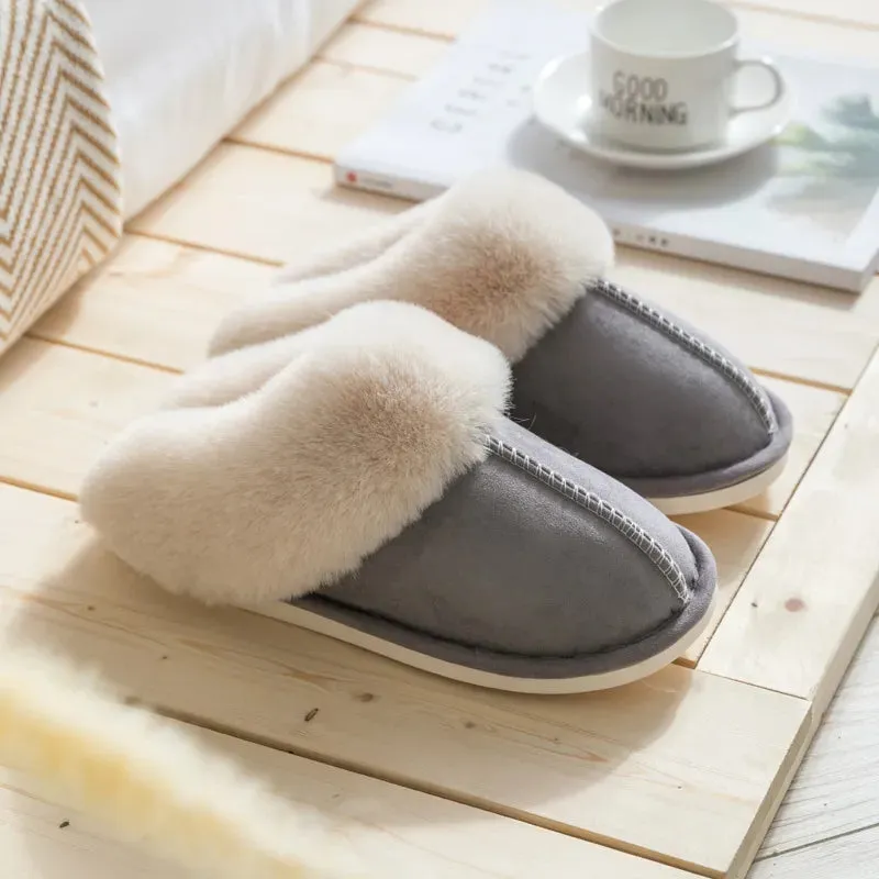 Winter Warm Home Fur Slippers Women Luxury Faux Suede Plush Couple Cotton Shoes Indoor Bedroom Flat Heels Fluffy Slippers