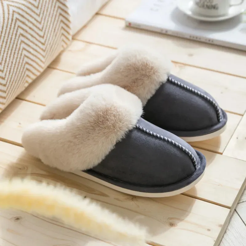 Winter Warm Home Fur Slippers Women Luxury Faux Suede Plush Couple Cotton Shoes Indoor Bedroom Flat Heels Fluffy Slippers