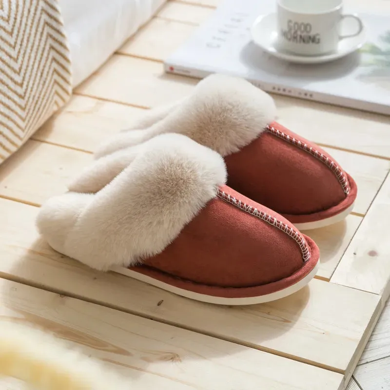 Winter Warm Home Fur Slippers Women Luxury Faux Suede Plush Couple Cotton Shoes Indoor Bedroom Flat Heels Fluffy Slippers