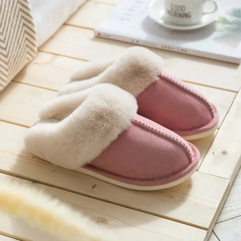 Winter Warm Home Fur Slippers Women Luxury Faux Suede Plush Couple Cotton Shoes Indoor Bedroom Flat Heels Fluffy Slippers