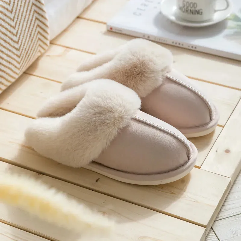 Winter Warm Home Fur Slippers Women Luxury Faux Suede Plush Couple Cotton Shoes Indoor Bedroom Flat Heels Fluffy Slippers