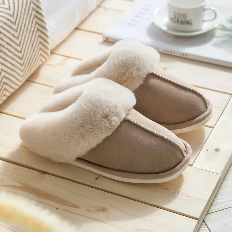 Winter Warm Home Fur Slippers Women Luxury Faux Suede Plush Couple Cotton Shoes Indoor Bedroom Flat Heels Fluffy Slippers