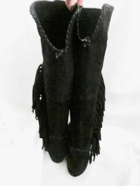 Womens GABRIELLI ITALY Suede Fringe Boots Moccasin Hippie BLACK Leather 6.5 37