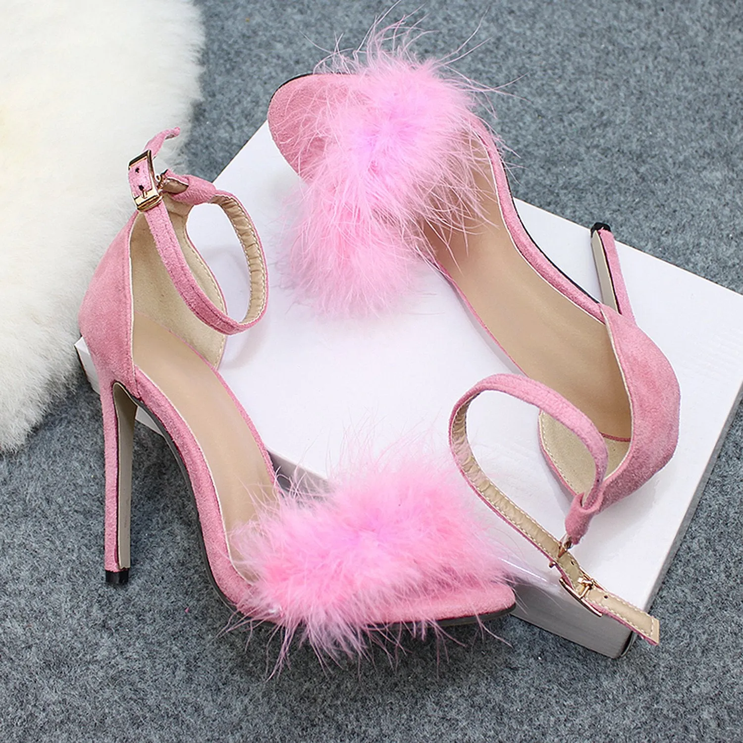 Womens Sexy High Heels Buckle Fur Sandals