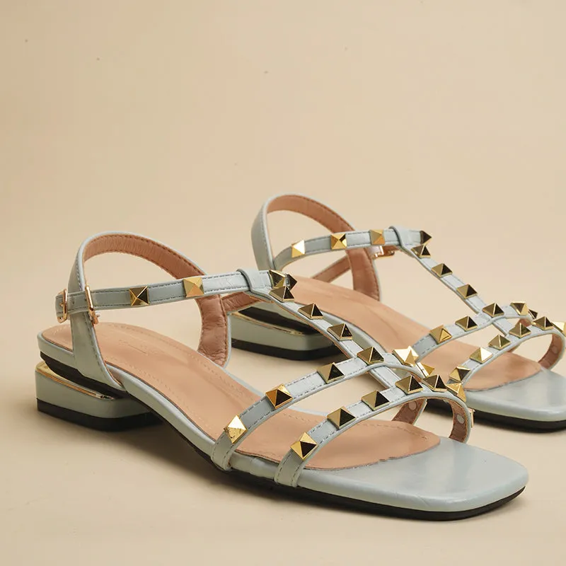 Womens Strappy Gladiator Flat Sandal Square Open Toe Studded T Strap Rivet Slingback Buckle Beach Sandals