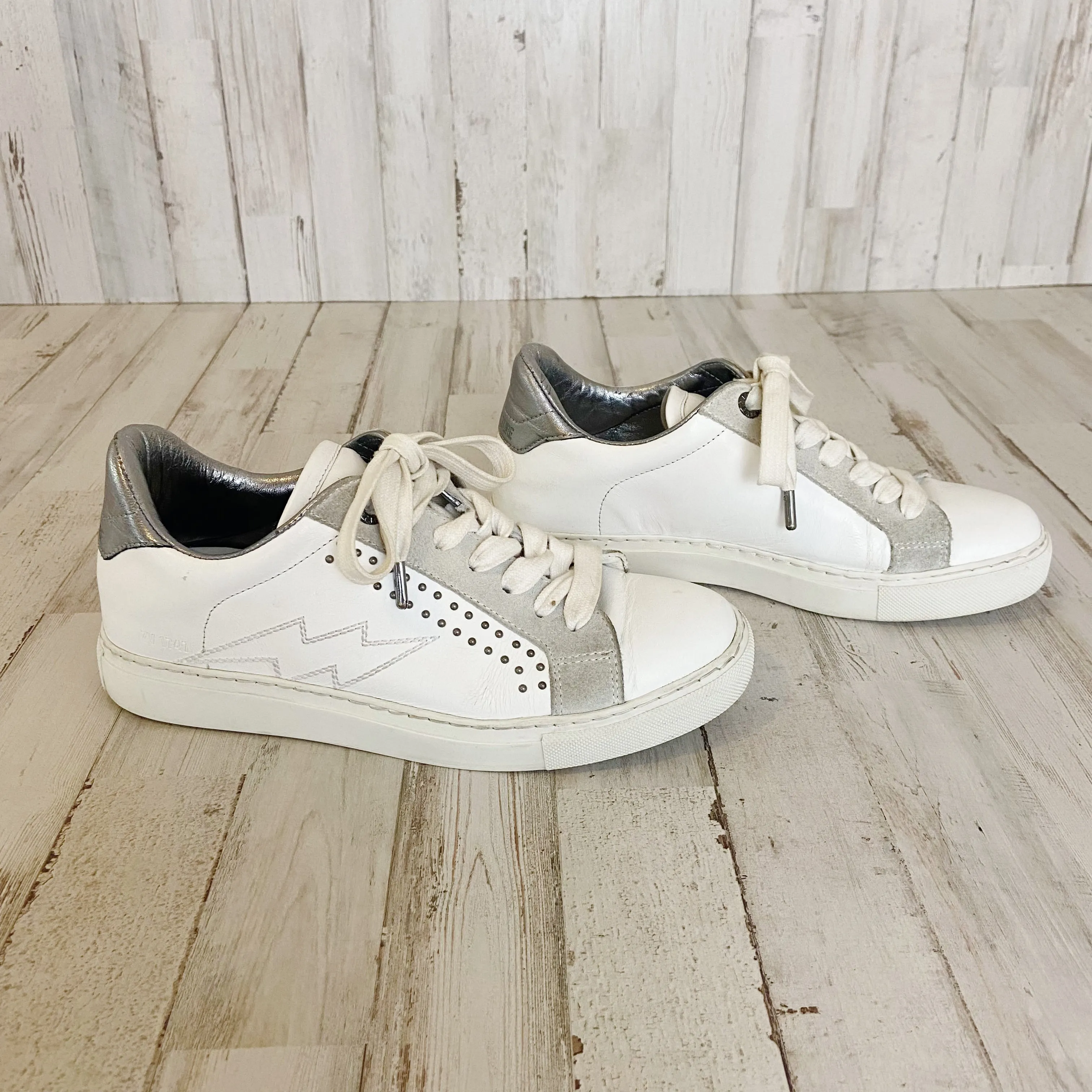 Zadig & Voltaire | Womens White and Gray Flats Studded Sneakers | Size: 38