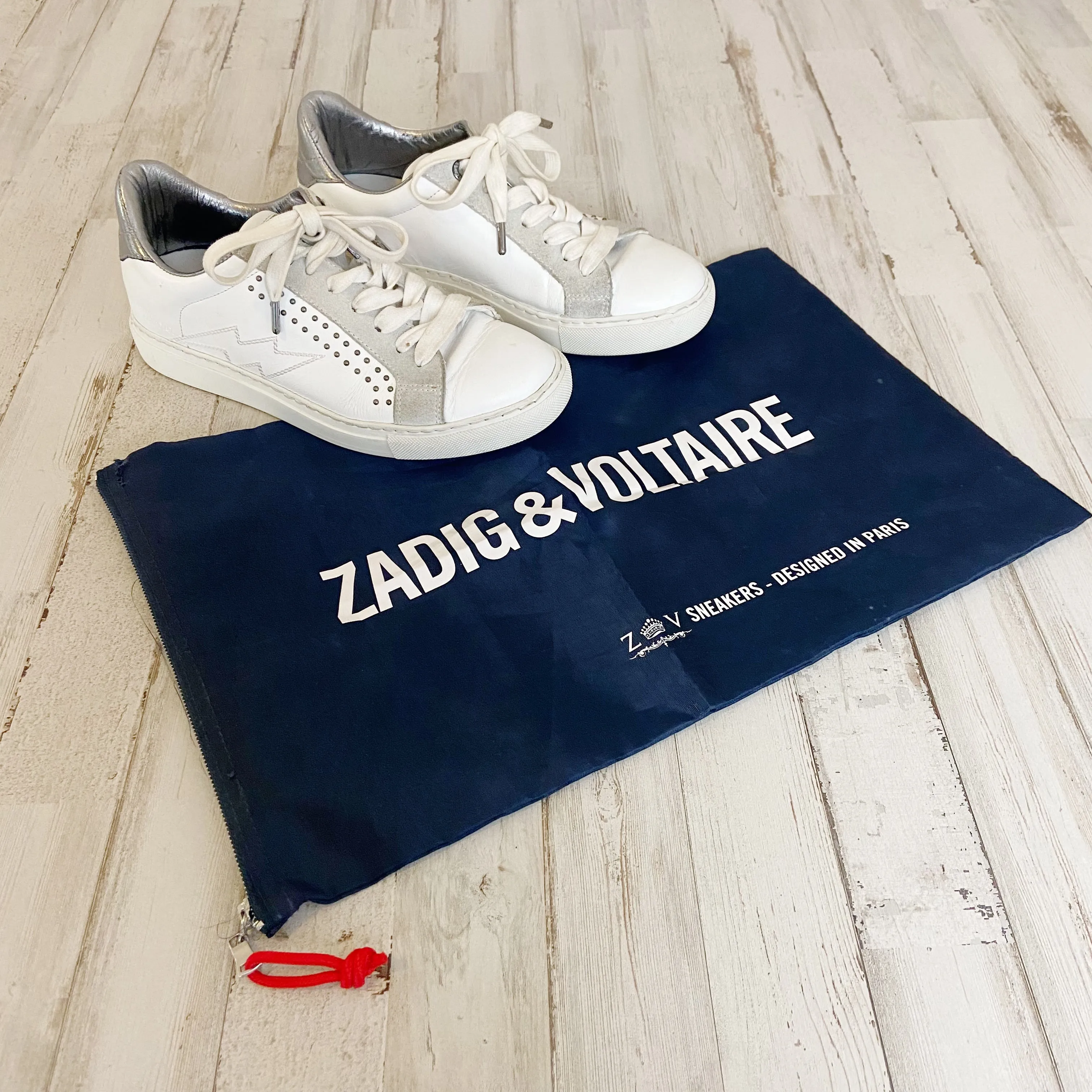 Zadig & Voltaire | Womens White and Gray Flats Studded Sneakers | Size: 38