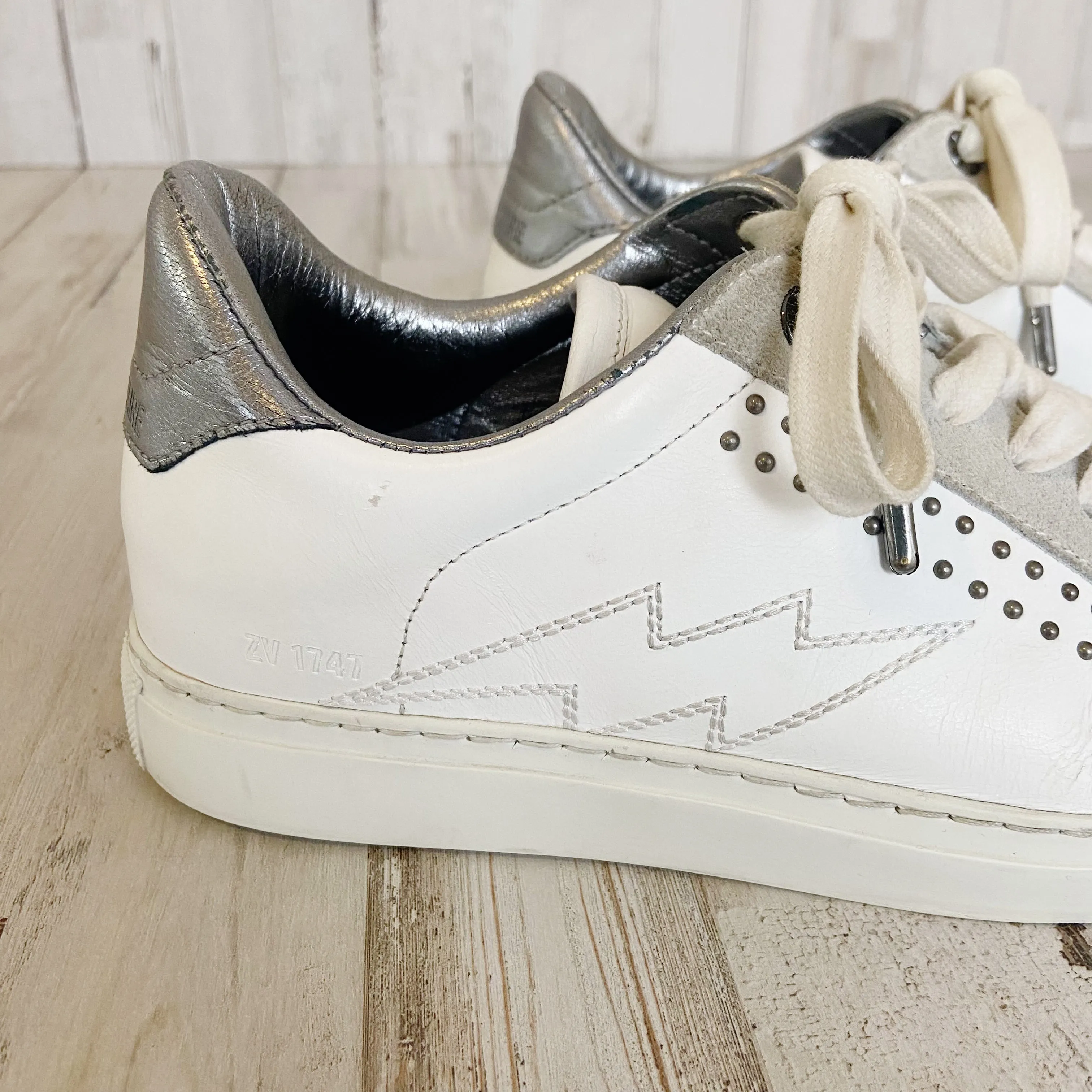 Zadig & Voltaire | Womens White and Gray Flats Studded Sneakers | Size: 38