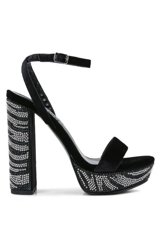 Zircon Diamante Studded High Block Heel Sandals