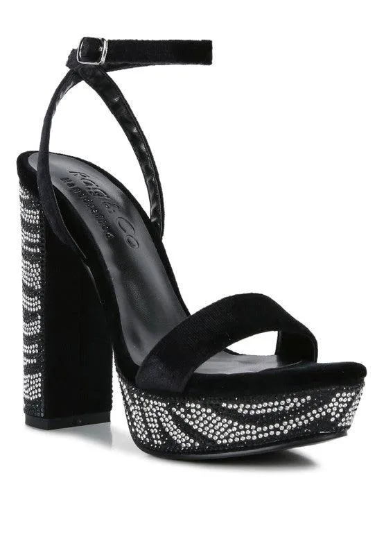 Zircon Diamante Studded High Block Heel Sandals