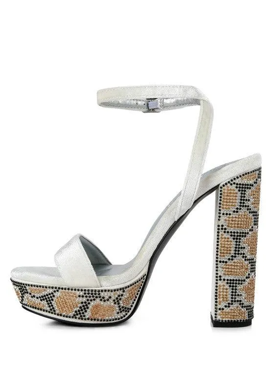 Zircon Diamante Studded High Block Heel Sandals