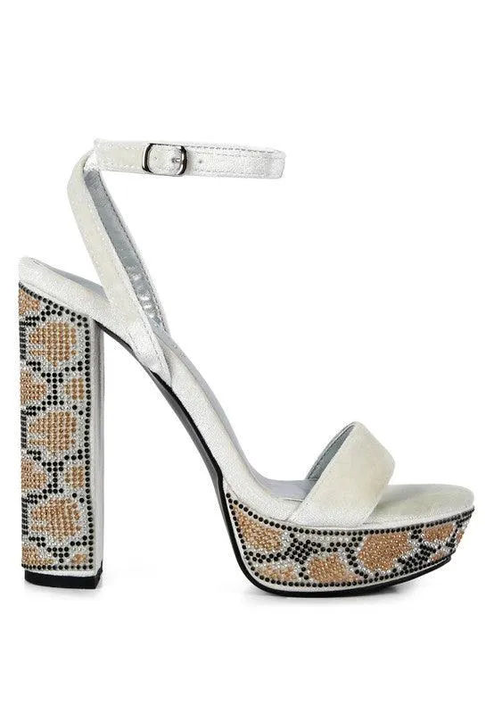 Zircon Diamante Studded High Block Heel Sandals